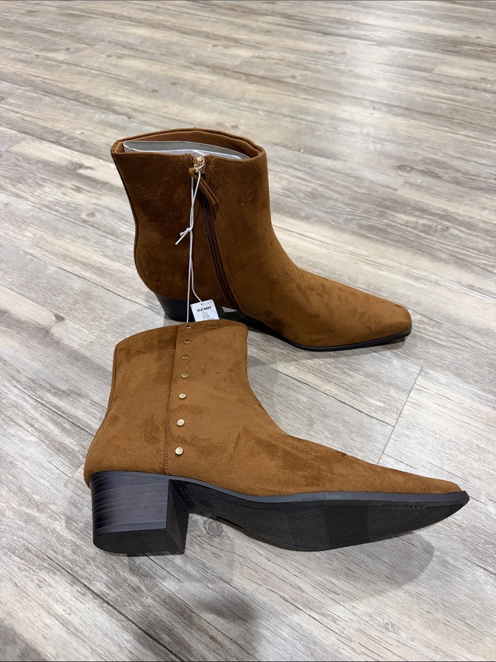 Old Navy Brown Suede Ankle Booties with Side Zip and Studs
